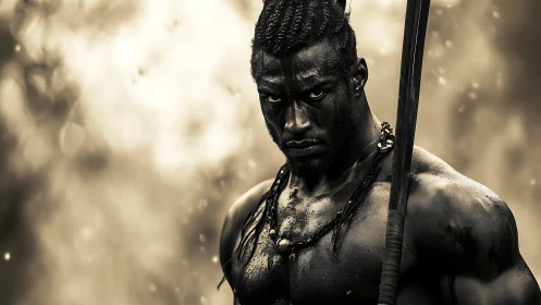 Warrior stares down the viewer in stormy sepia battlefield.