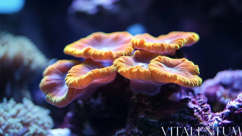 Orange coral polyps on reef rock in controlled aquarium setting.
