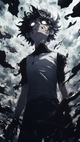 Storm-eyed boy dissolving into midnight feathers of power.