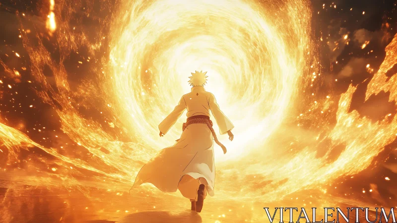 Figure walks toward circular vortex of intense golden fire