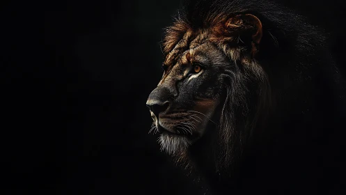 Regal lion in soft shadow with warm, watchful gaze.