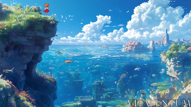 Child on coastal cliff overlooks clear ocean and distant ruins