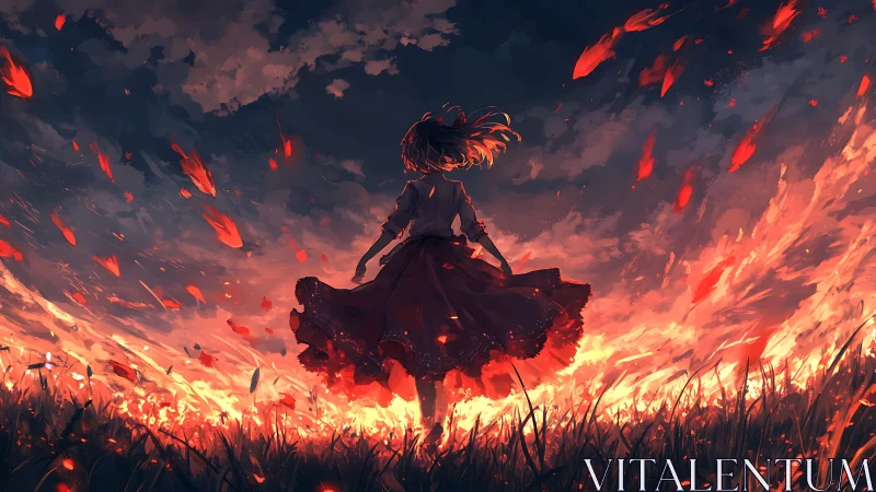 Girl in red skirt walks through blazing twilight field of fire