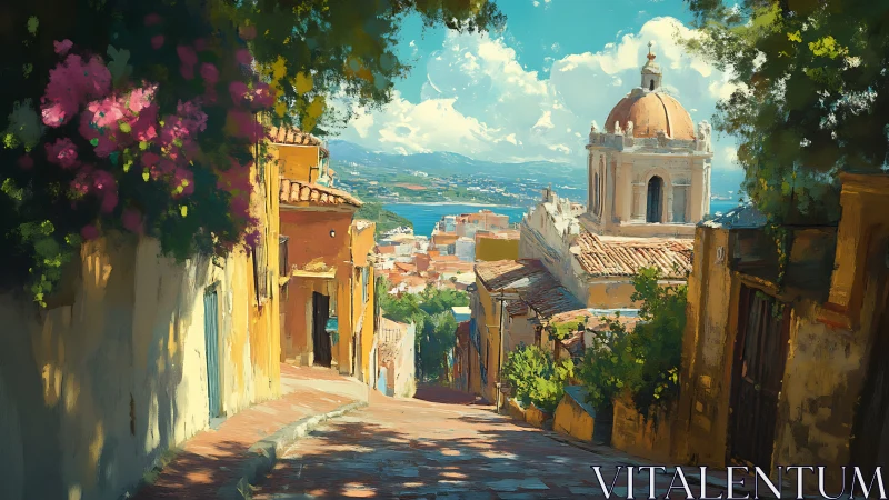 Sunlit Mediterranean hill street with domed church and bay vista