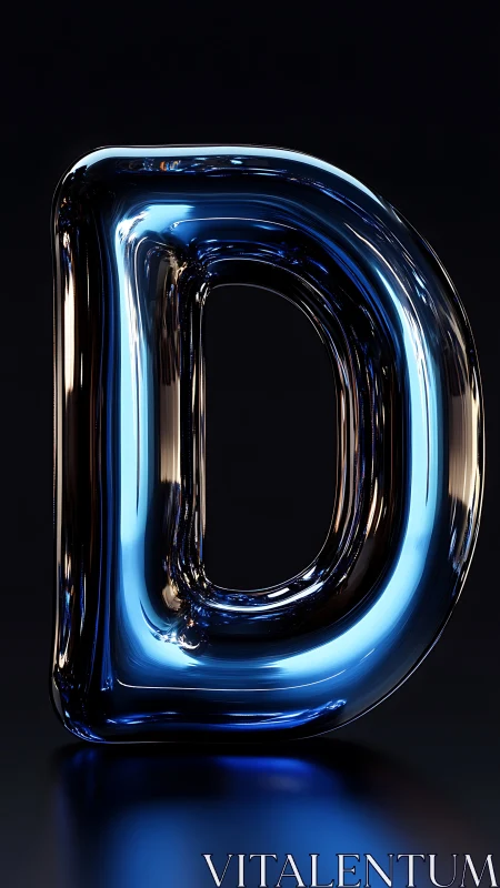 Glossy blue glass letter D on dark reflective background.