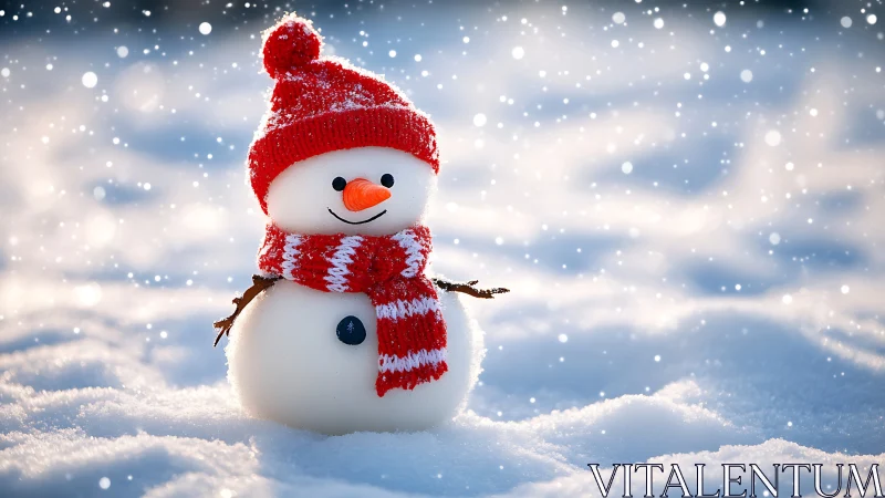 Tiny snowman beams in bright red knits amid drifting snow