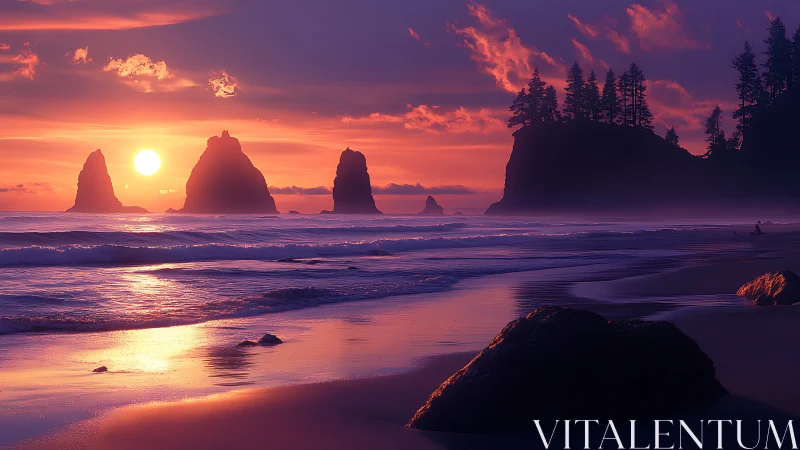 Sunset tide whispers along violet sea stacks and pines.