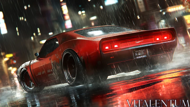 Midnight muscle car gliding through neon city rainstorm.