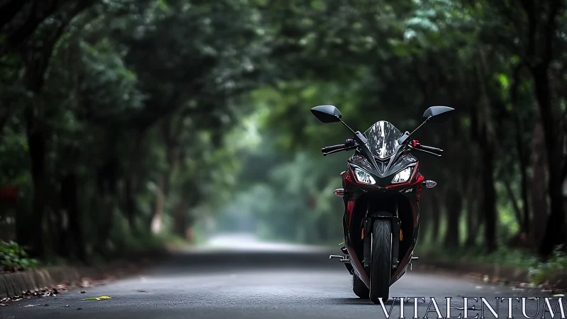 Sleek sport motorcycle waits silently on a shaded forest road