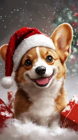 Corgi portrait in red Santa hat rendered with high-detail fur shading
