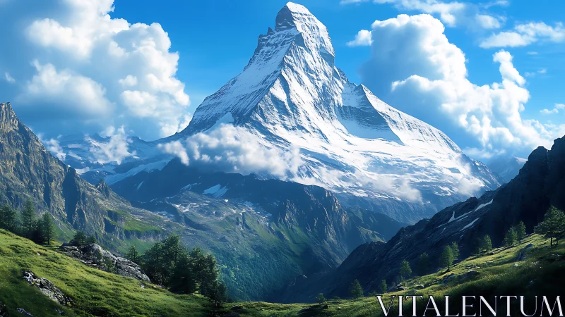 Sunlit alpine peak rising above bright green valleys.