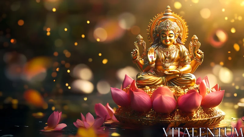 Golden lotus deity glows amid drifting petals and light.