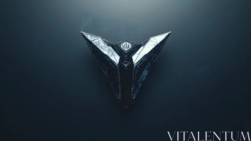Futuristic metallic emblem on dark background, 3D digital style.