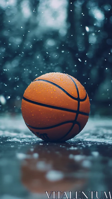 Wet basketball on outdoor court during falling snow.
