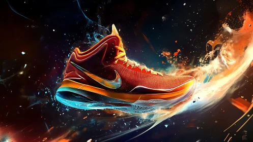 Kinetic airflow sneaker rendered in dynamic digital combustion.