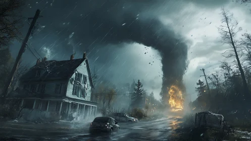 Roaring tornado engulfs burning town street in chaos.