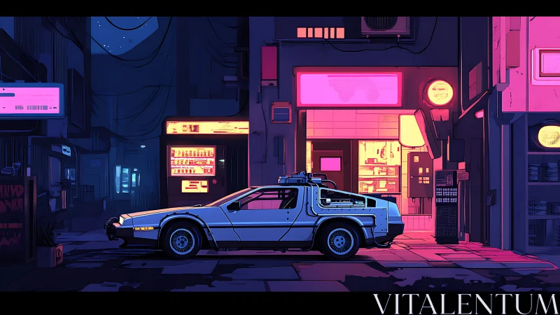 Retro time-travel coupe in neon cyberpunk alleyway at night.