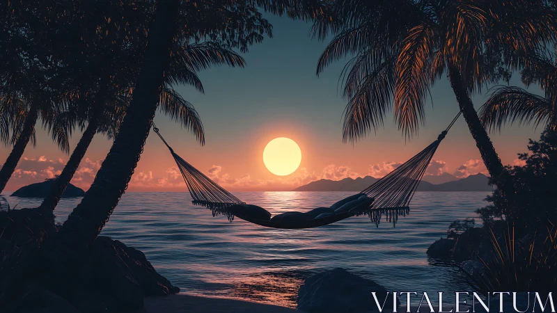 Hammock between palm trees facing low sun over calm sea.