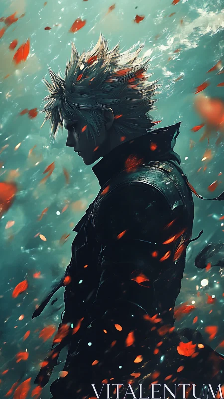 Stormlit warrior silhouette amid ember leaf vortex motion.