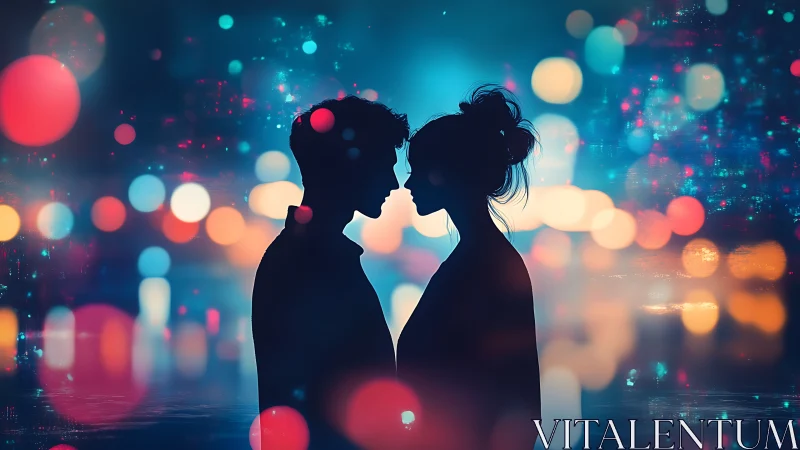 Silhouetted Couple in Neon Bokeh Cityscape.