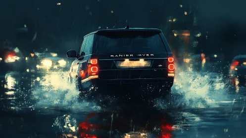 Luxury SUV powers through neon city rainstorm at night.