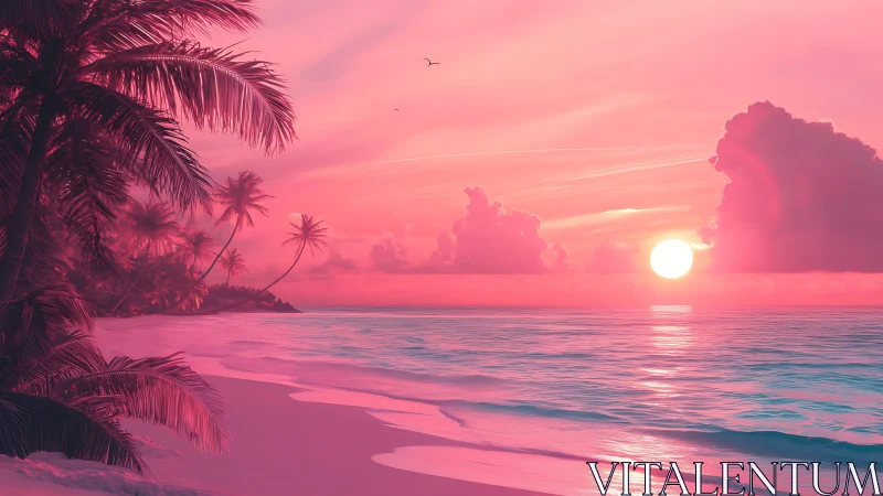 Neon tropical shoreline at dusk in stylized digital painting.
