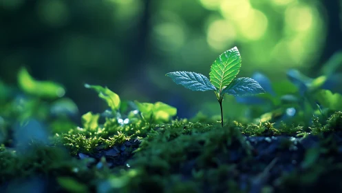 Young plant sprouting in mossy forest, vibrant natural style.