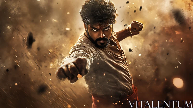 Storm-lit fighter hurtles forward, punching through flying embers