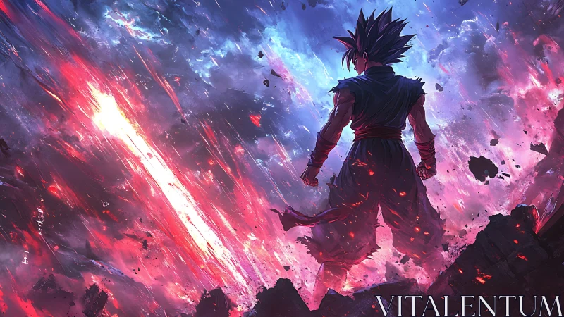 Backlit anime warrior surveys apocalyptic energy storm sky