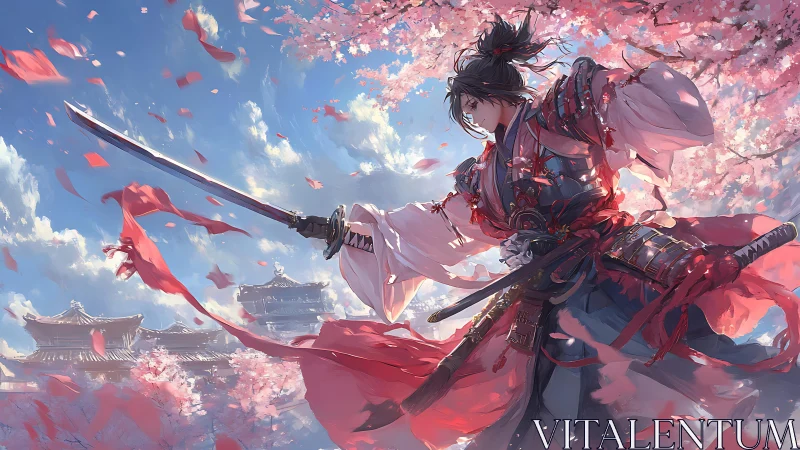 Kinetic samurai under cherry blossoms in dynamic battle stance.