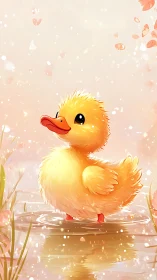Golden duckling in pastel pond with luminous petals.