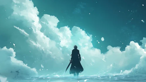 Solitary skybound swordsman carves silence into the clouds