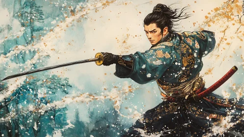 Samurai swordsman in dynamic winter kata, splashed ink style