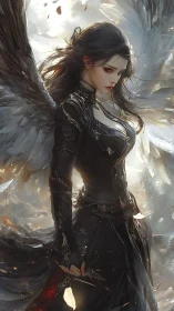 Dark winged warrior woman against luminous sky backdrop.