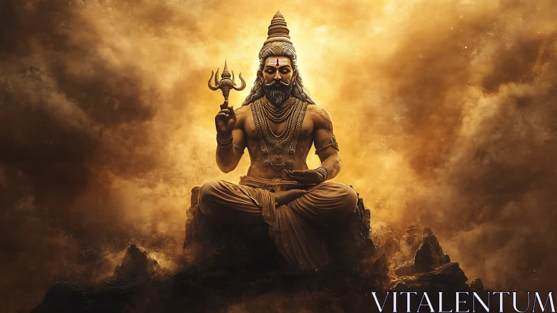Radiant divine yogi sits in serene golden mountain light