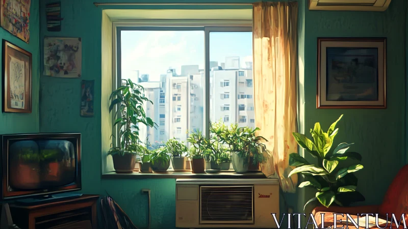 Morning sunlight gently warms a plant filled city window