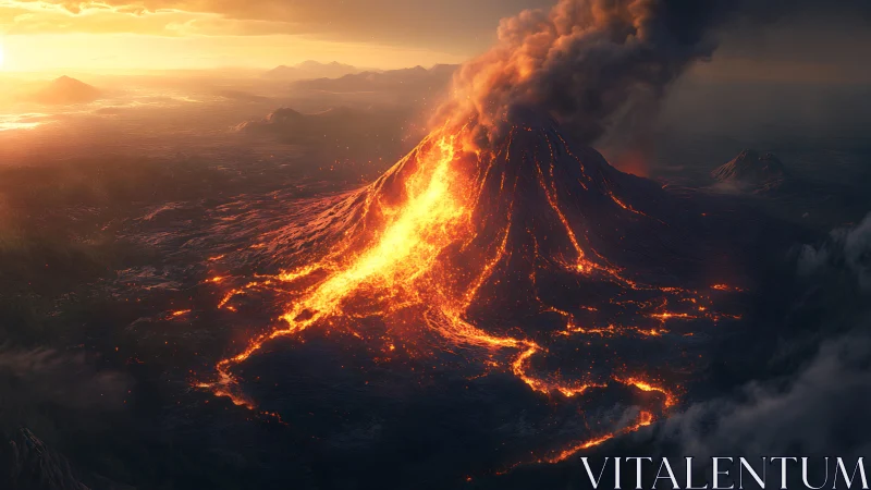 Volcanic cone with active lava flows at sunset landscape.