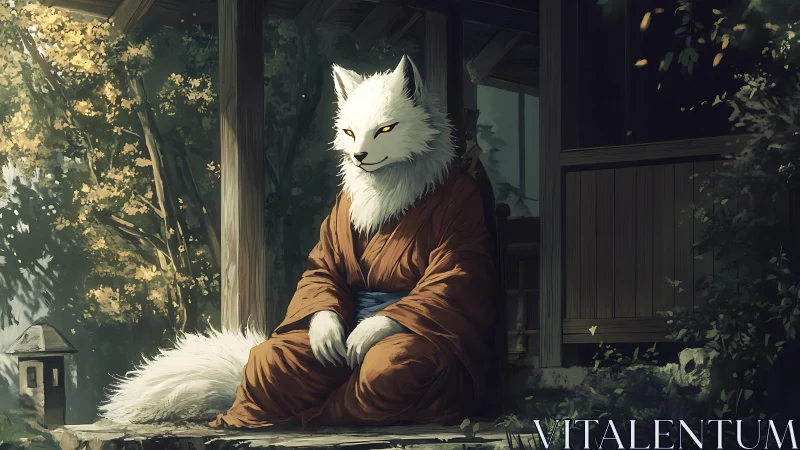 White fox humanoid in robe seated at wooden veranda.