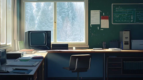 Sunlit retro office with winter window and old monitor.
