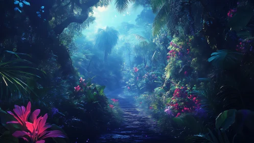Luminescent Jungle Path Through Neon Foliage