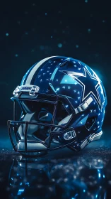 Blue star football helmet in cinematic glowing studio light.