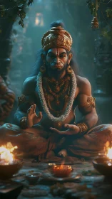 3D-rendered meditative Hanuman figure in ornate temple ambience