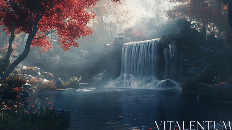 Mystical forest waterfall under crimson autumn canopy.