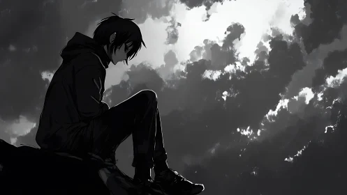 Solitary anime figure contemplates beneath storm-lit sky.