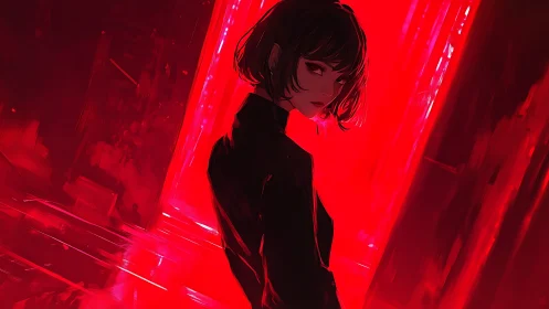 Mysterious girl in neon red corridor of swirling light.