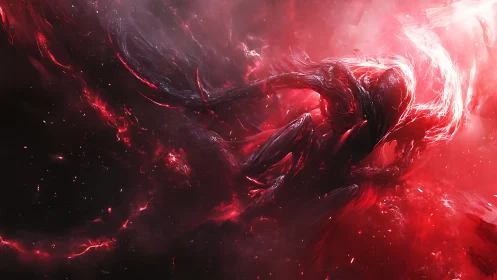 Xeno-organic void entity in turbulent crimson plasma field.