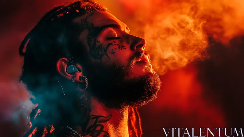 Tattooed man exhales smoke in dramatic red key lighting.