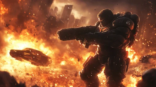 Armored titan strides through a burning futuristic warzone.