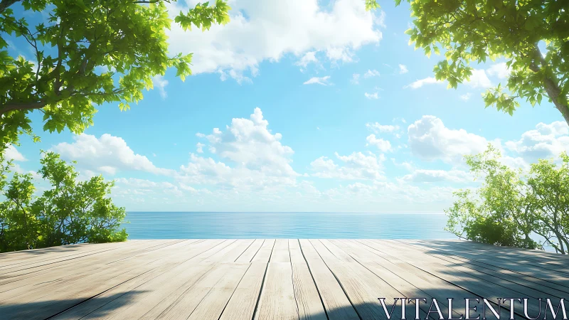 Wooden deck overlooks calm ocean under bright blue sky
