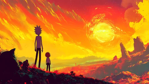 Two friends share a glowing sunset on an alien horizon.